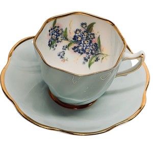 Vtg Clare Bone China Tea Cup & Saucer Soft Blue Hand Painted Gold trim Flower